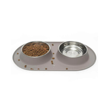 Double Silicone Dog Feeder with Stainless Bowls, Large, Warm Grey
