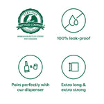 Promotional graphic for a better bag with recycled content, leak-proof, dispenser compatibility, and strength features.