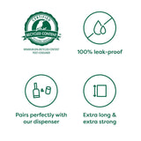 Promotional graphic for a better bag with recycled content, leak-proof, dispenser compatibility, and strength features.