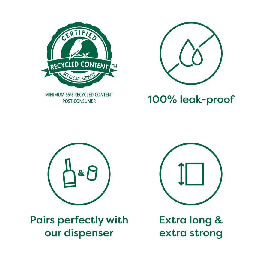 Promotional graphic for a better bag with recycled content, leak-proof, dispenser compatibility, and strength features.