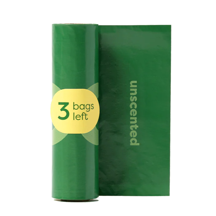 Green package with a yellow label indicating '3 bags left' on a white background