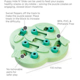 Green puzzle toy for puppies with text describing its features and uses.
